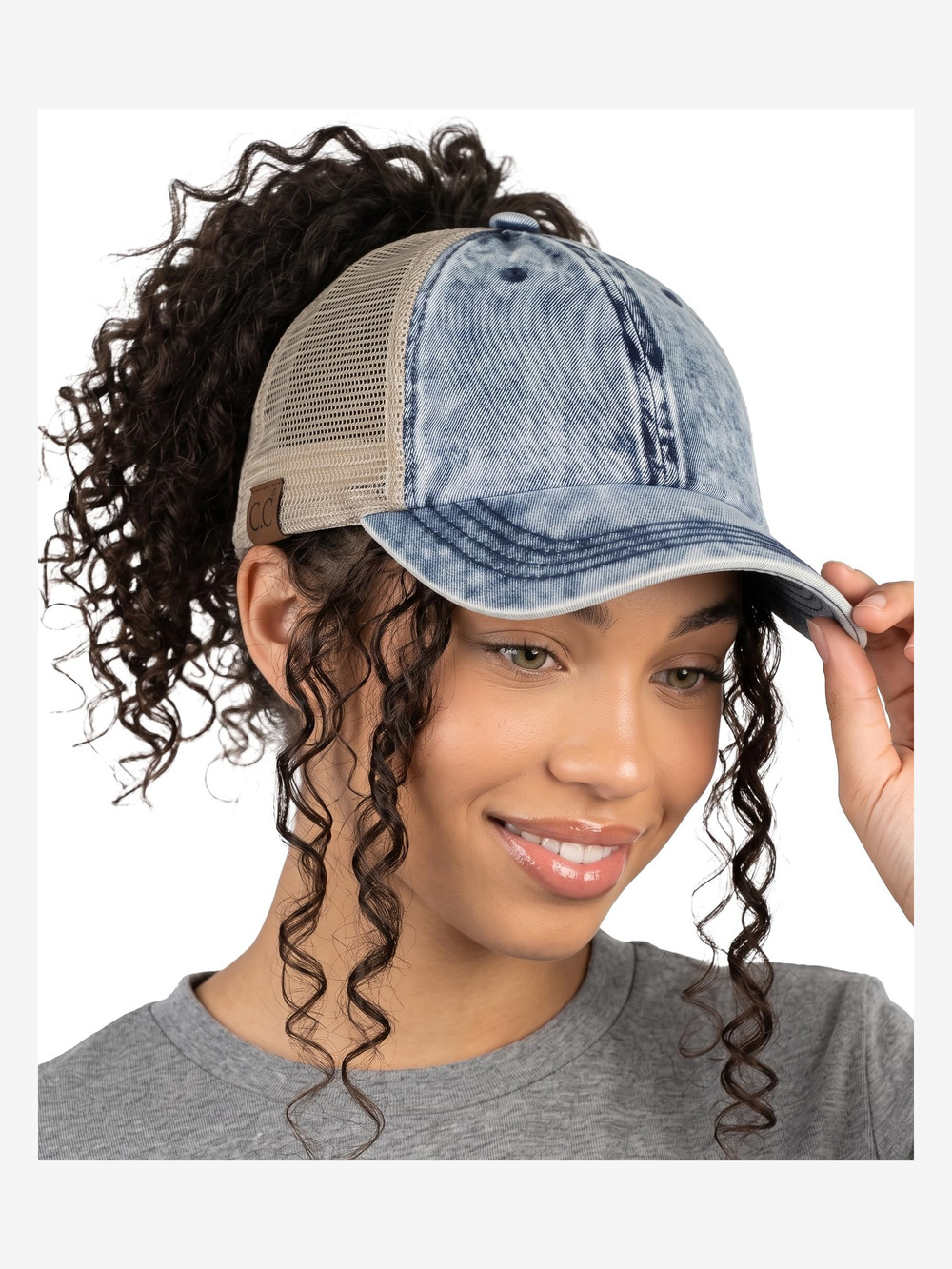 Criss Cross Ponytail Cap, Messy Bun Distressed | Stone Washed, Denim | Size OS